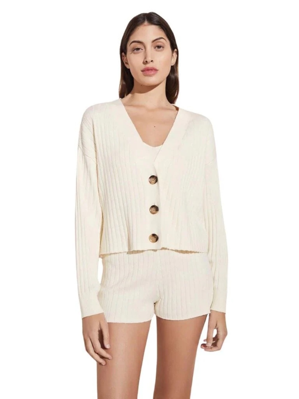 EBERJEY Ribbed Cropped Cardigan Sweater